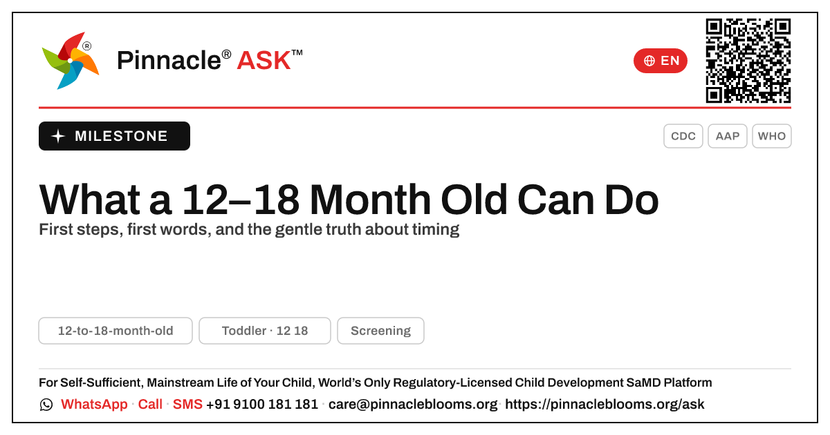 12–18 Month Developmental Milestones — Pinnacle Ask answer card with a short explanation and QR link