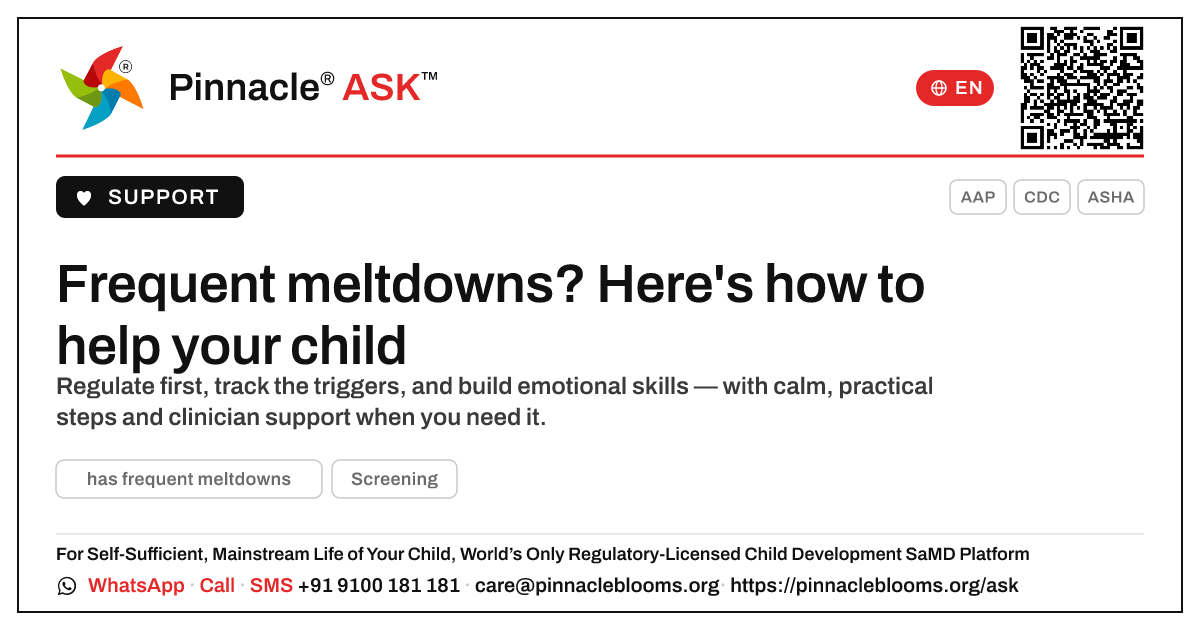 What should I do if my child has frequent meltdowns? — Pinnacle Ask answer card with a short explanation and QR link