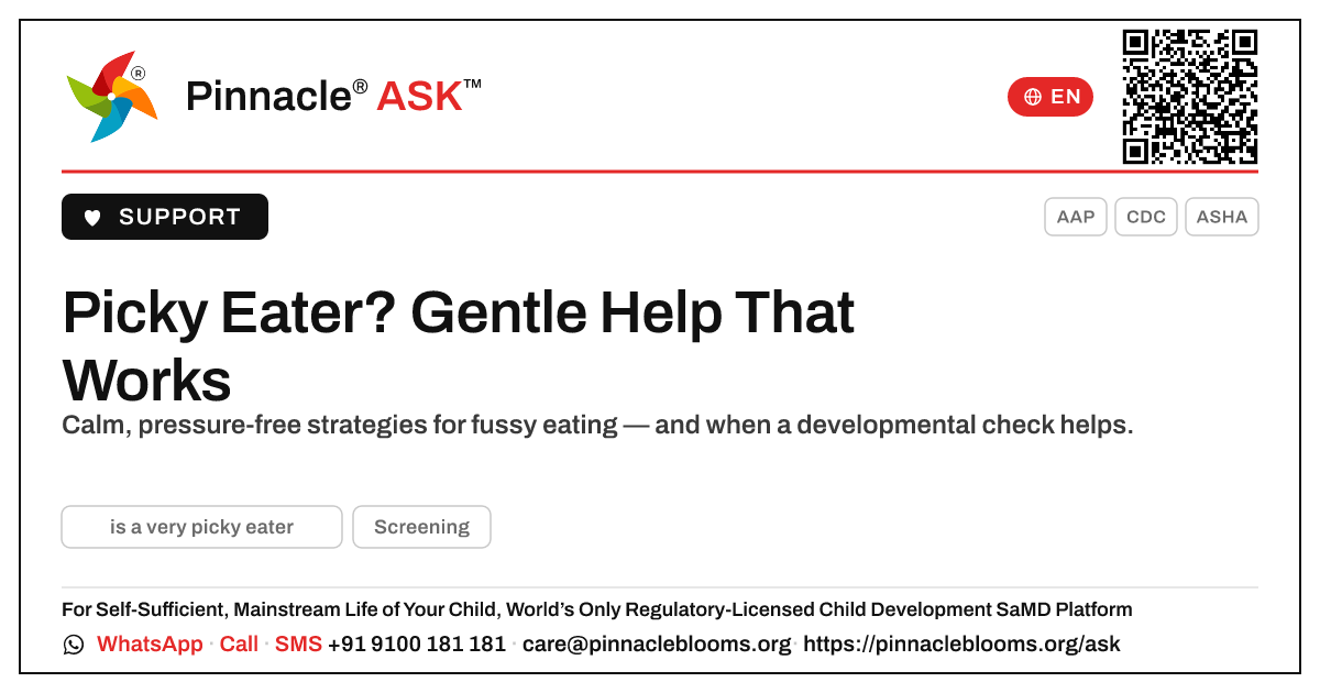 What should I do if my child is a very picky eater? — Pinnacle Ask answer card with a short explanation and QR link