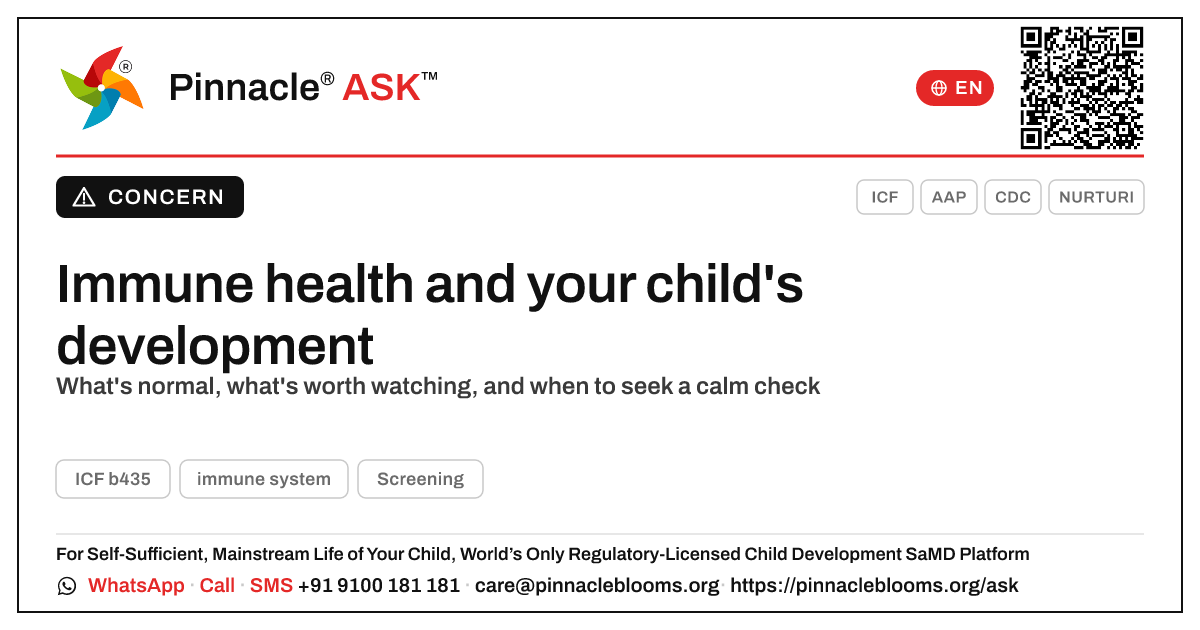 Signs of immune system difficulty affecting development — Pinnacle Ask answer card with a short explanation and QR link