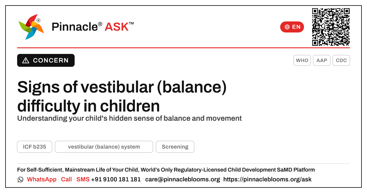 Signs of vestibular (balance) difficulty in children — Pinnacle Ask answer card with a short explanation and QR link