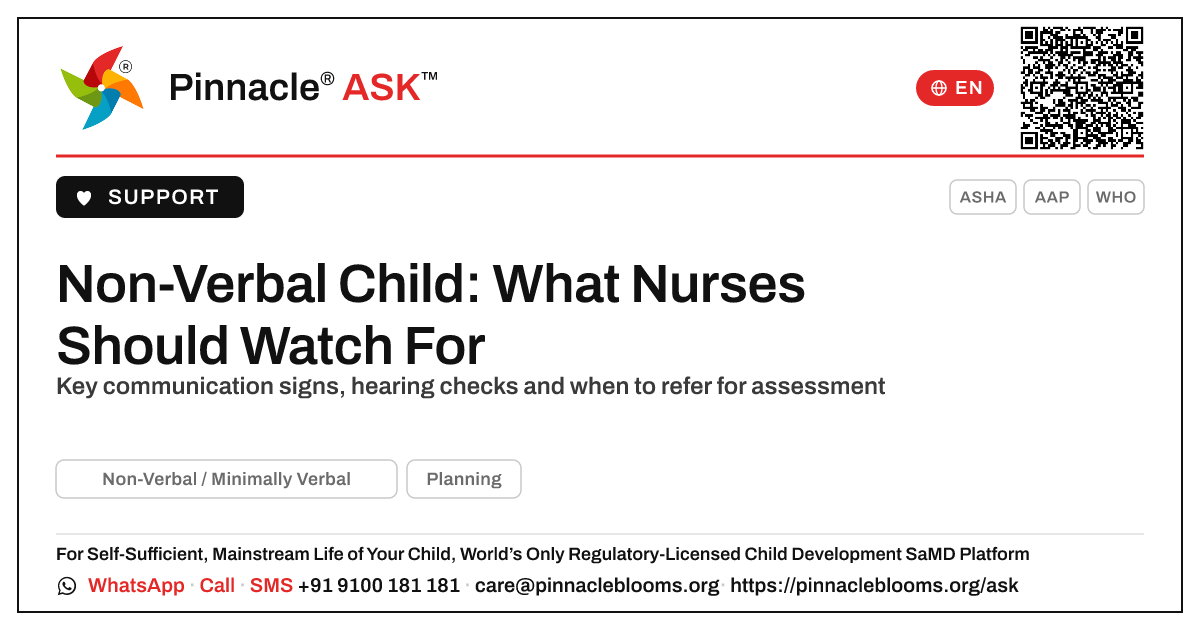Signs of Non-Verbal / Minimally Verbal Presentation for Nurses — Pinnacle Ask answer card with a short explanation and QR link