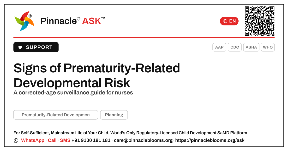 Prematurity-Related Developmental Risk: Signs Nurses Should Watch For — Pinnacle Ask answer card with a short explanation and QR link