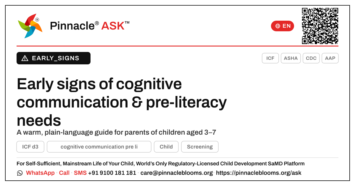 What signs suggest my child may need support with cognitive communication pre-literacy? — Pinnacle Ask answer card with a short explanation and QR link