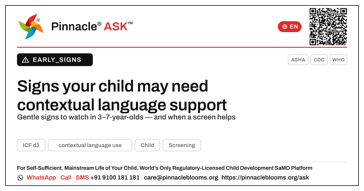 What signs suggest my child may need support with contextual language use? — Pinnacle Ask answer card with a short explanation and QR link