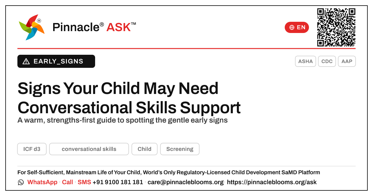What signs suggest my child may need support with conversational skills? — Pinnacle Ask answer card with a short explanation and QR link