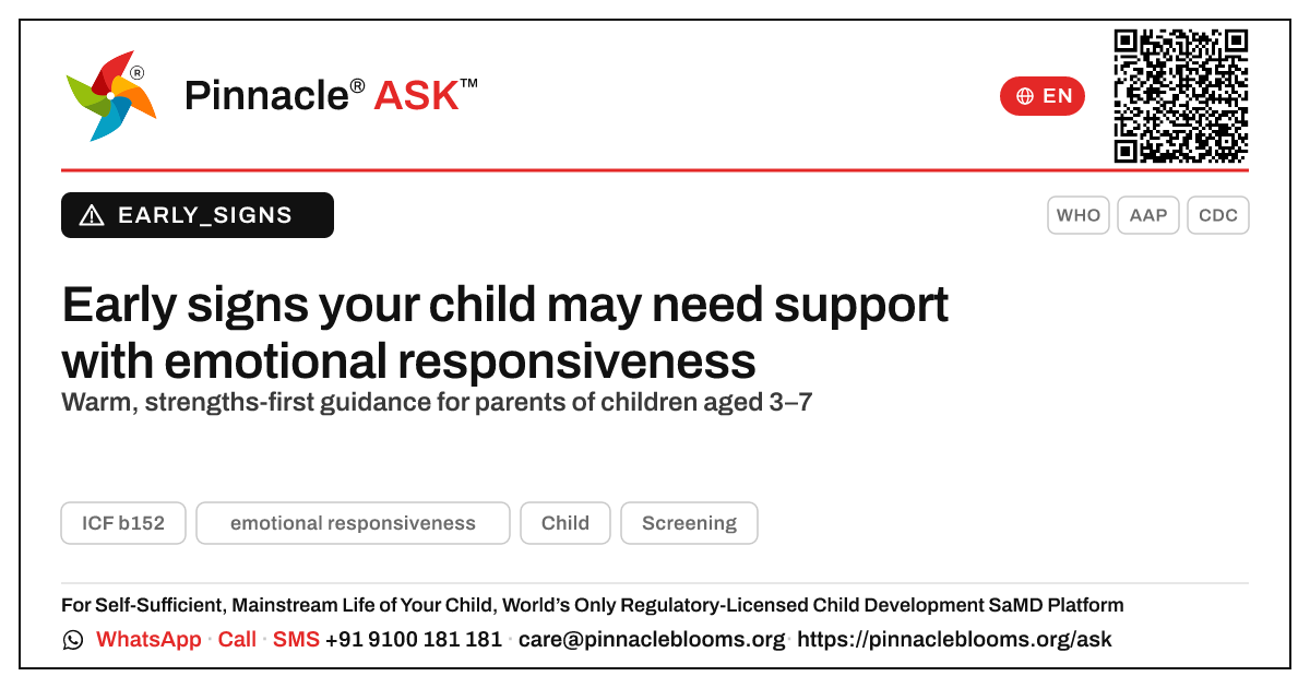 What signs suggest my child may need support with emotional responsiveness? — Pinnacle Ask answer card with a short explanation and QR link