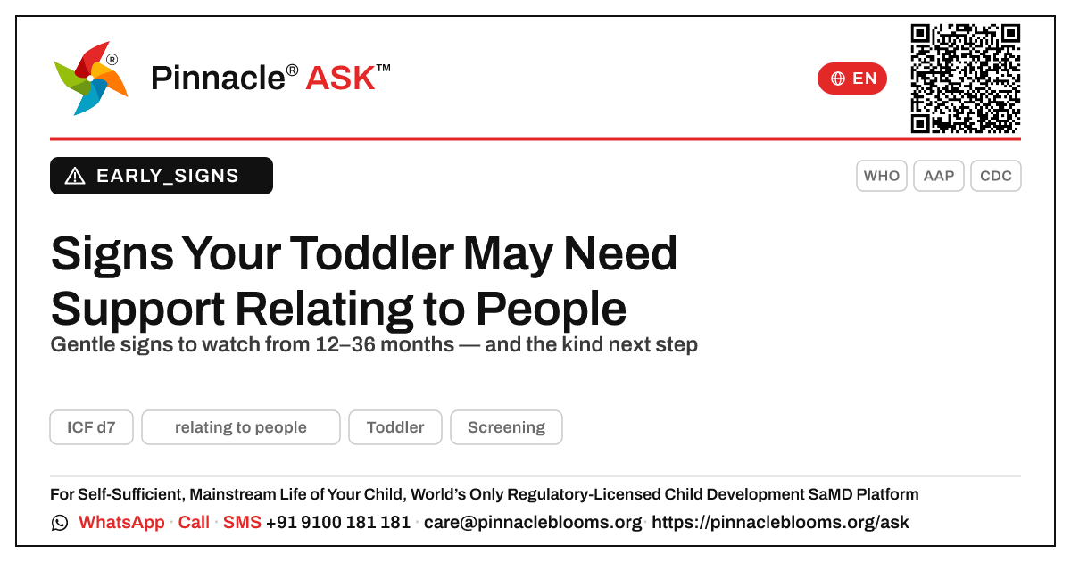 What signs suggest my child may need support with relating to people? — Pinnacle Ask answer card with a short explanation and QR link