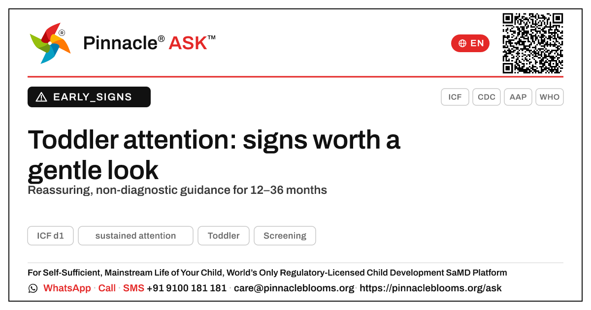 What signs suggest my child may need support with sustained attention? — Pinnacle Ask answer card with a short explanation and QR link
