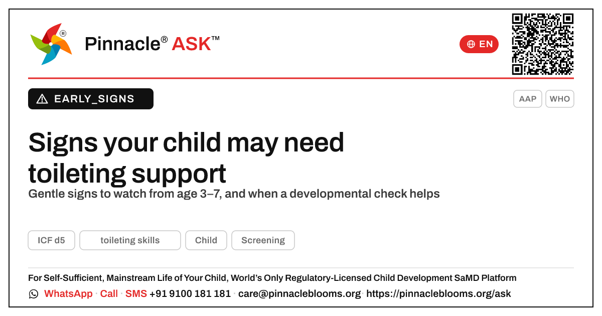 What signs suggest my child may need support with toileting skills? — Pinnacle Ask answer card with a short explanation and QR link
