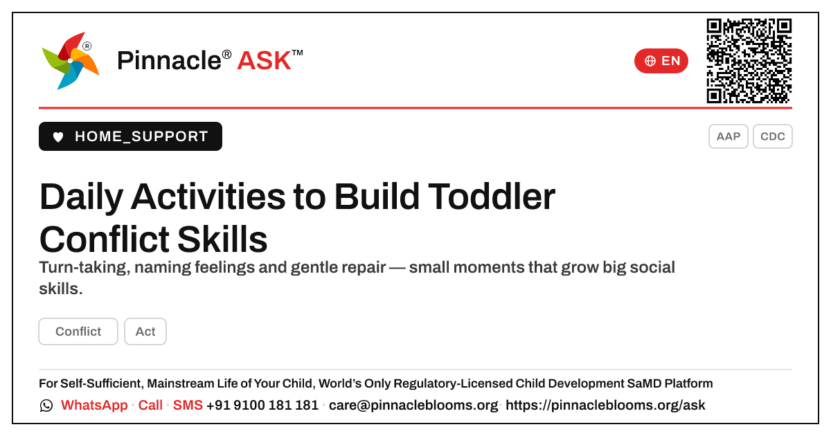 What simple daily activities help build a child's Conflict? — Pinnacle Ask answer card with a short explanation and QR link