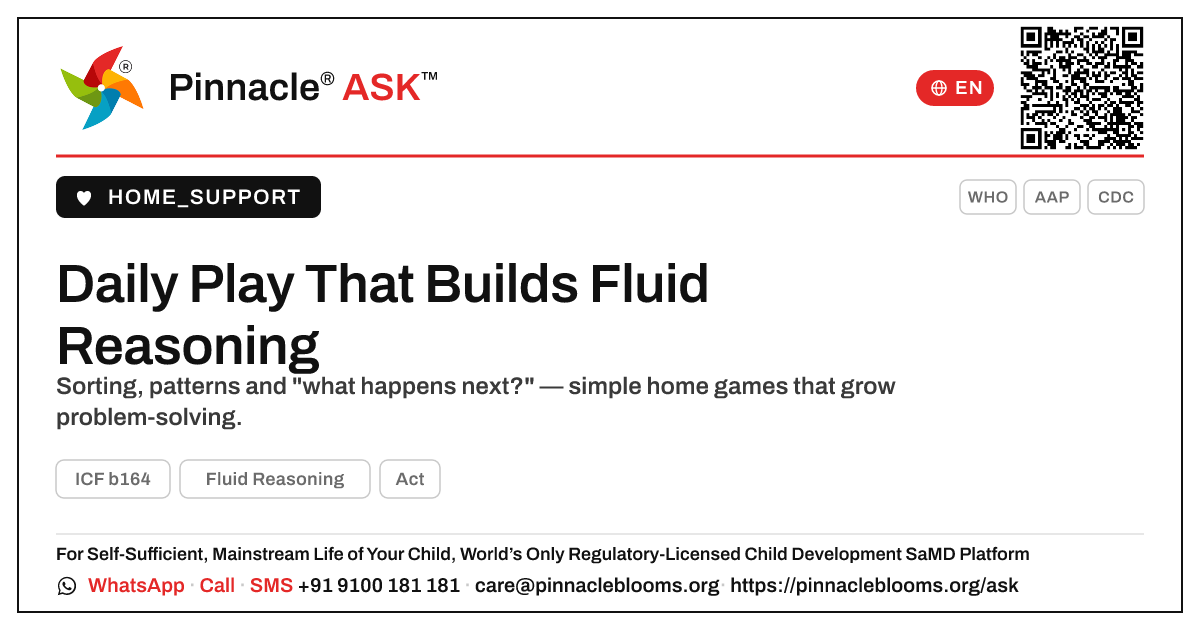 What simple daily activities help build a child's Fluid Reasoning? — Pinnacle Ask answer card with a short explanation and QR link