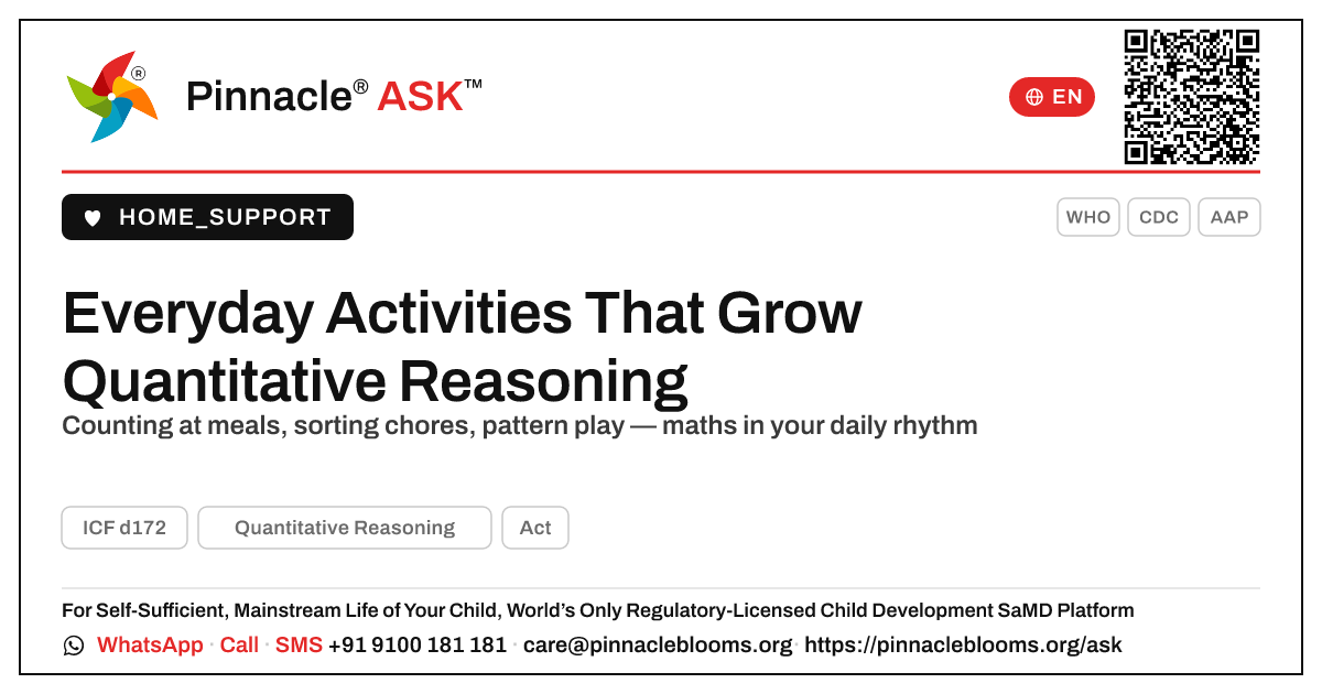 What simple daily activities help build a child's Quantitative Reasoning? — Pinnacle Ask answer card with a short explanation and QR link