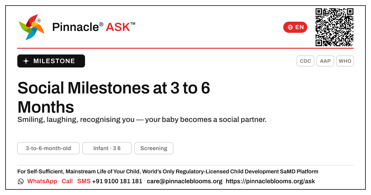 Social Milestones for a 3-to-6-Month-Old — Pinnacle Ask answer card with a short explanation and QR link
