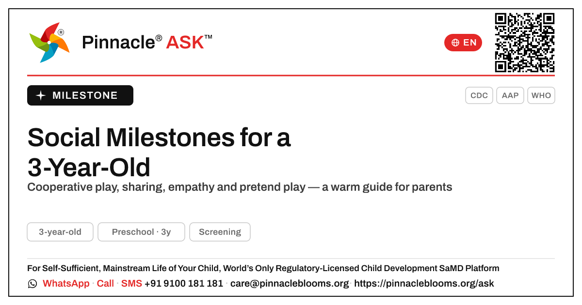 What social milestones should a 3-year-old reach? — Pinnacle Ask answer card with a short explanation and QR link