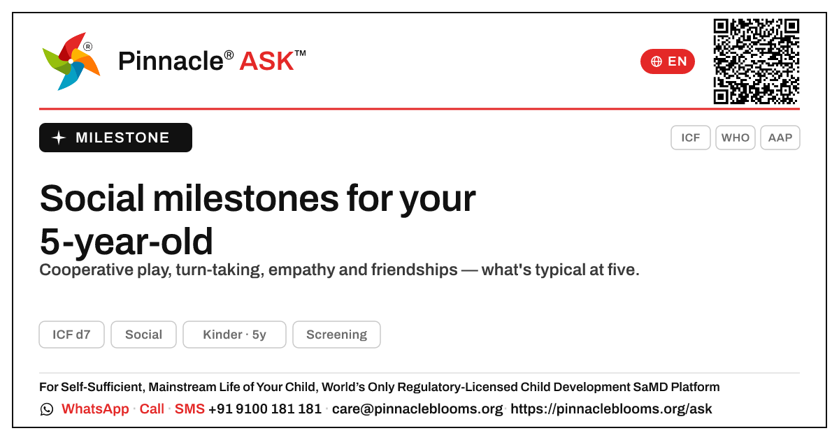 What Social milestones should my 5-year-old have reached? — Pinnacle Ask answer card with a short explanation and QR link