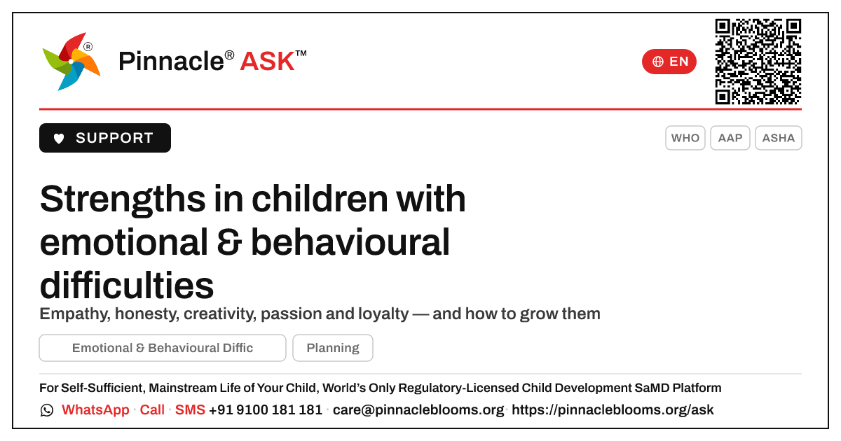 What strengths can a child with emotional & behavioural difficulties have? — Pinnacle Ask answer card with a short explanation and QR link
