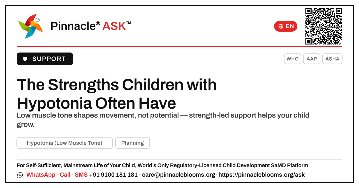 What strengths can a child with Hypotonia have? — Pinnacle Ask answer card with a short explanation and QR link
