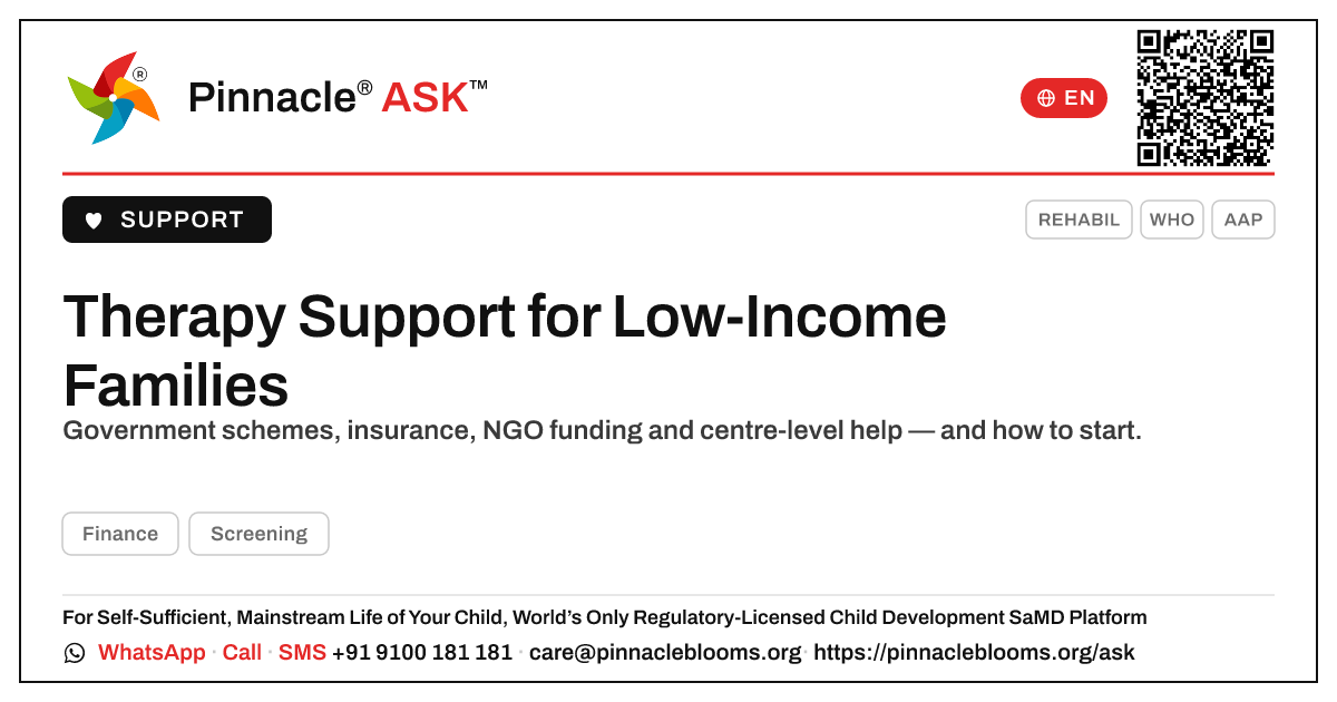 What support exists for low-income families needing therapy? — Pinnacle Ask answer card with a short explanation and QR link