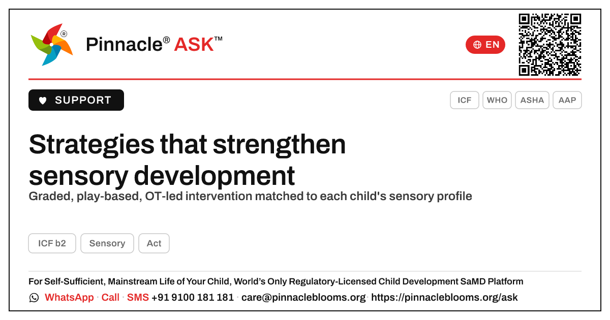 Therapeutic strategies that strengthen sensory development — Pinnacle Ask answer card with a short explanation and QR link