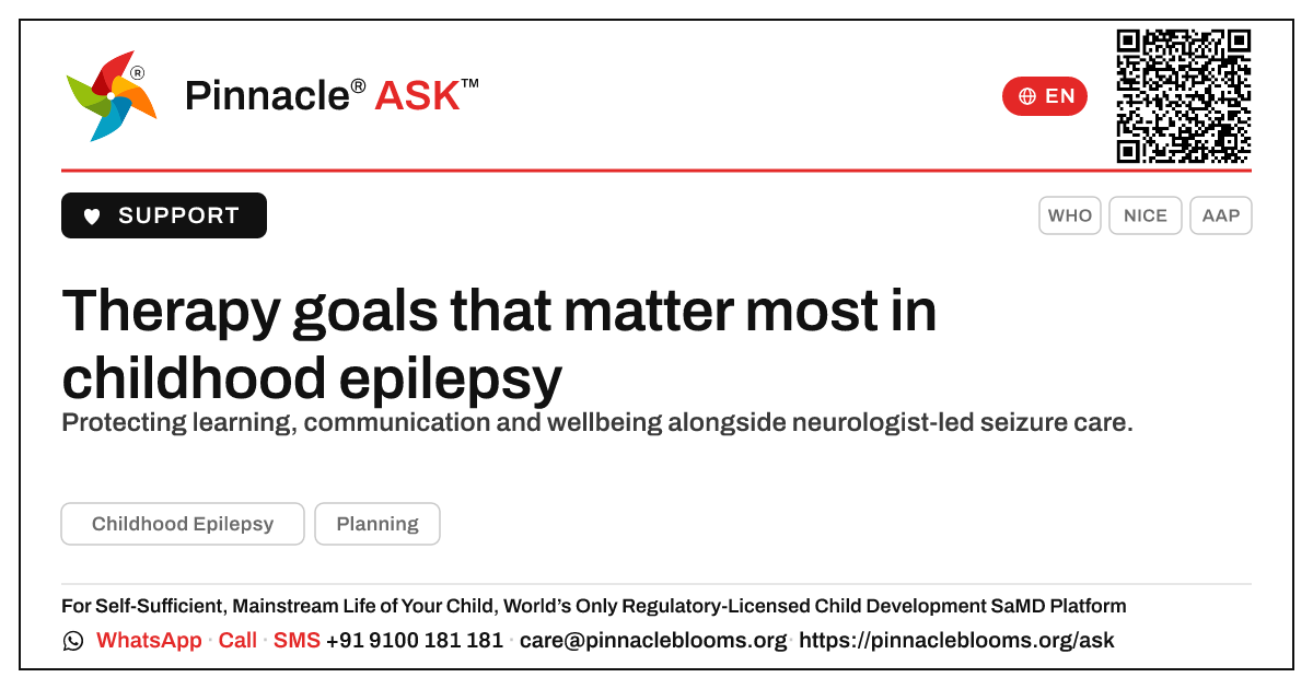 What therapy goals matter most for a child with Childhood Epilepsy? — Pinnacle Ask answer card with a short explanation and QR link