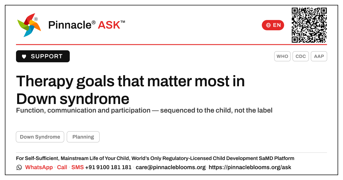 What therapy goals matter most for a child with Down Syndrome? — Pinnacle Ask answer card with a short explanation and QR link