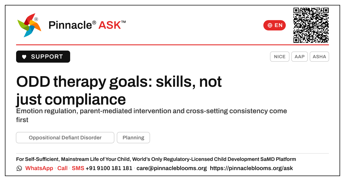 What therapy goals matter most for a child with Oppositional Defiant Disorder? — Pinnacle Ask answer card with a short explanation and QR link