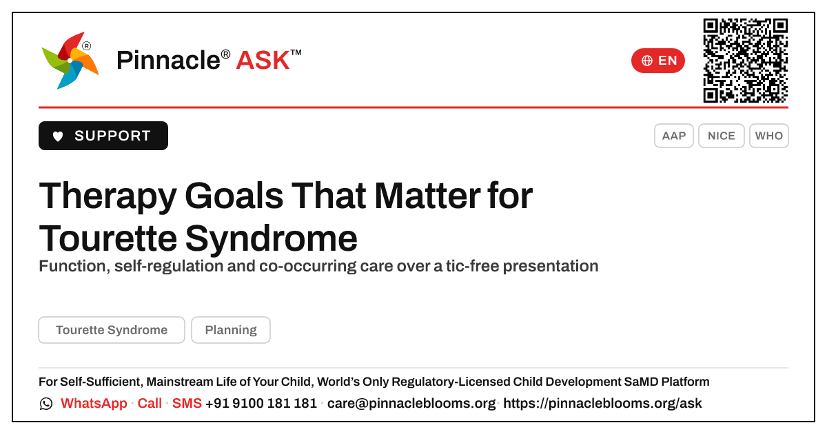 What therapy goals matter most for a child with Tourette Syndrome? — Pinnacle Ask answer card with a short explanation and QR link