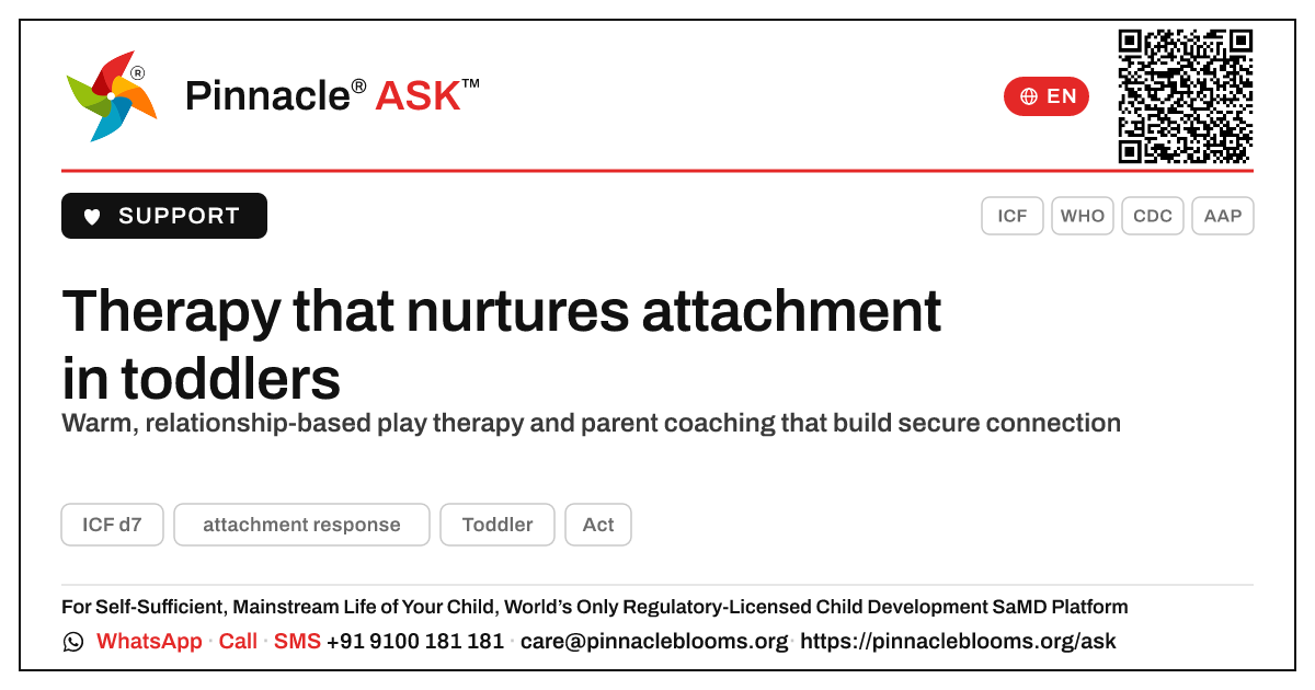 What therapy helps a child learn attachment response? — Pinnacle Ask answer card with a short explanation and QR link