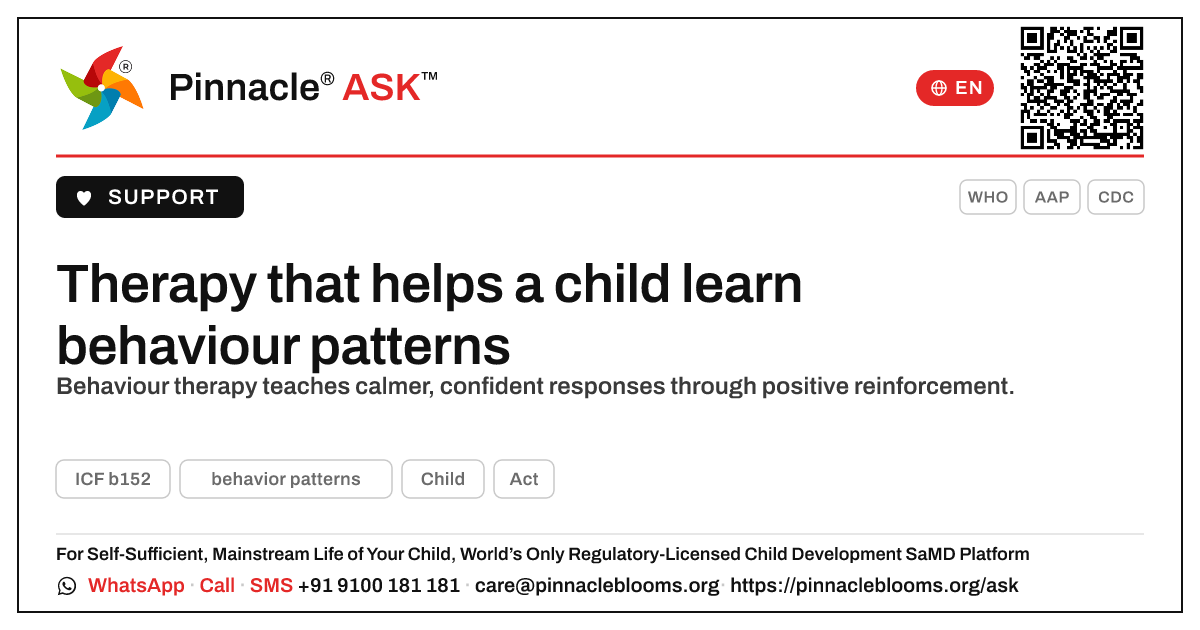What therapy helps a child learn behaviour patterns? — Pinnacle Ask answer card with a short explanation and QR link