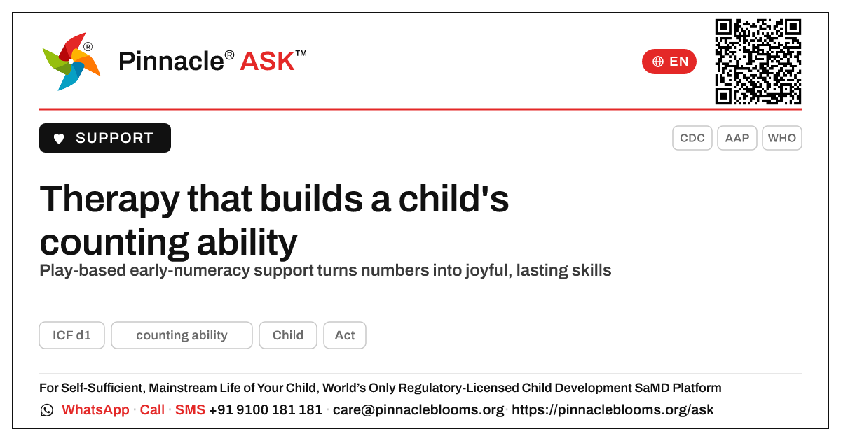 What therapy helps a child learn counting ability? — Pinnacle Ask answer card with a short explanation and QR link