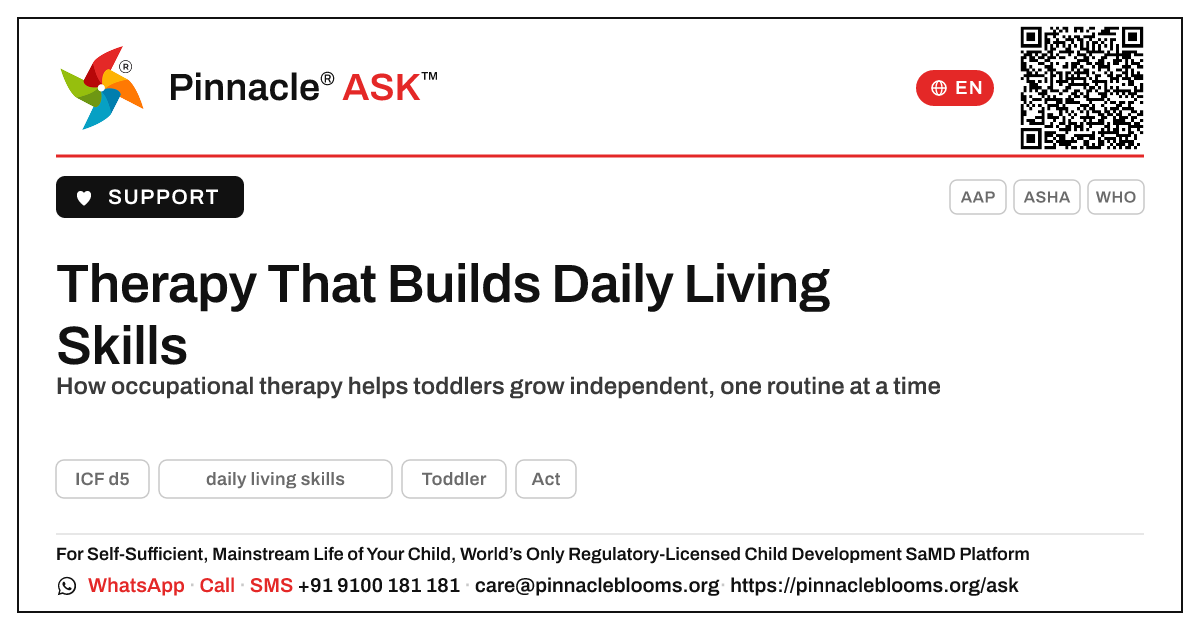 Therapy for Daily Living Skills — Pinnacle Ask answer card with a short explanation and QR link