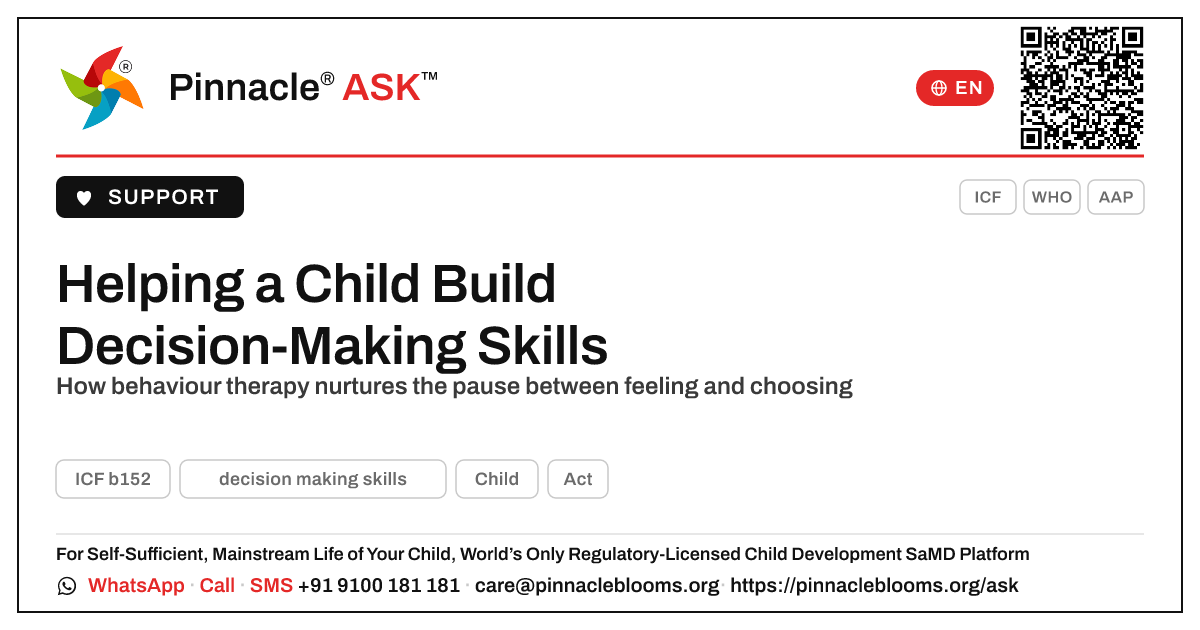 What therapy helps a child learn decision-making skills? — Pinnacle Ask answer card with a short explanation and QR link