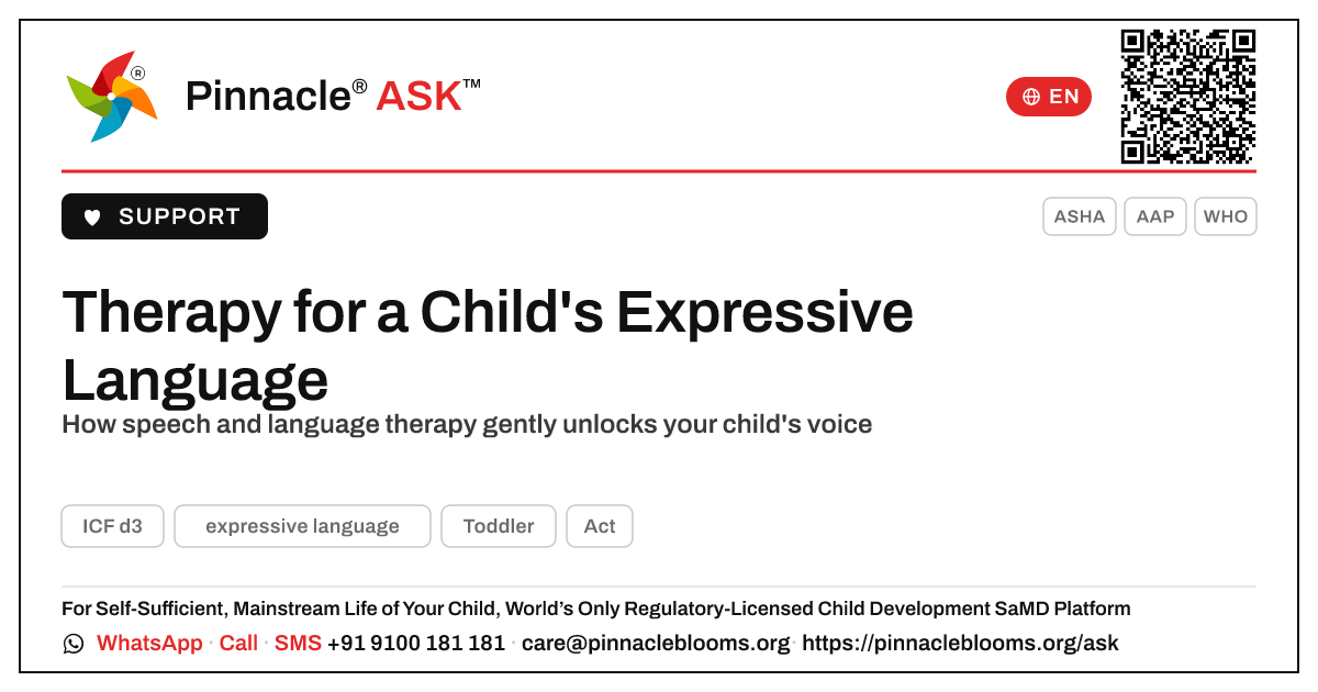 Therapy that helps a child learn expressive language — Pinnacle Ask answer card with a short explanation and QR link
