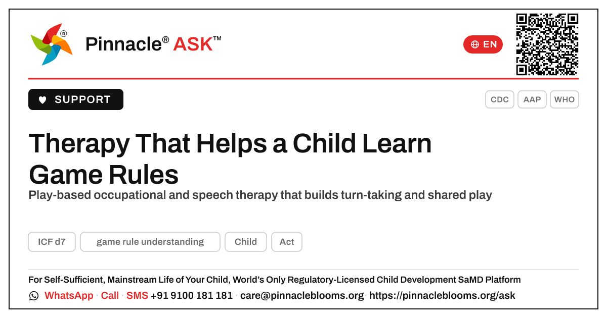 Therapy to Help a Child Learn Game Rule Understanding — Pinnacle Ask answer card with a short explanation and QR link