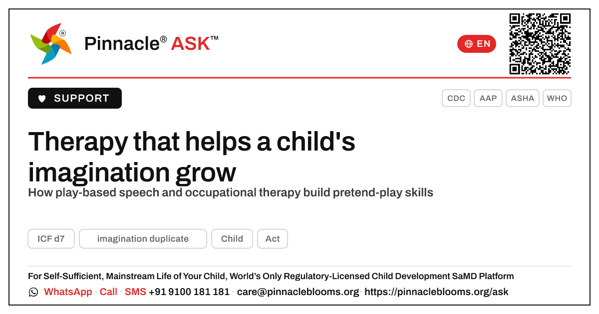 What therapy helps a child learn imaginative pretend play? — Pinnacle Ask answer card with a short explanation and QR link