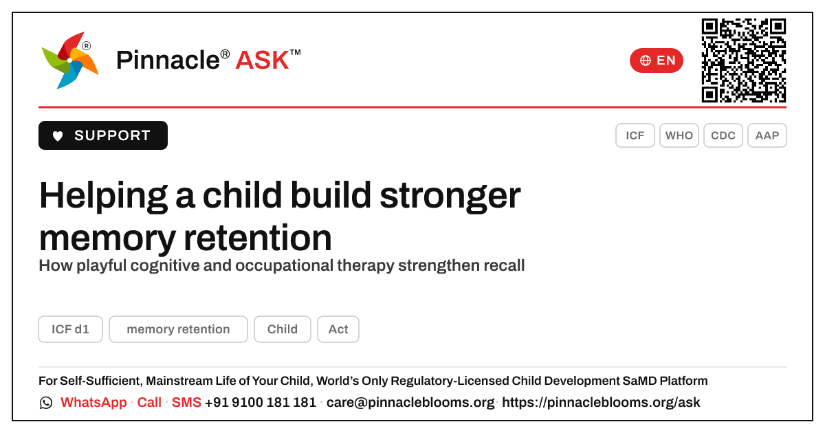 Therapy to support a child's memory retention — Pinnacle Ask answer card with a short explanation and QR link