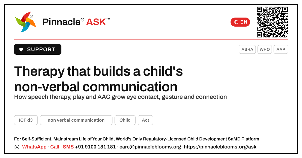 Therapy for Non-Verbal Communication in Children — Pinnacle Ask answer card with a short explanation and QR link
