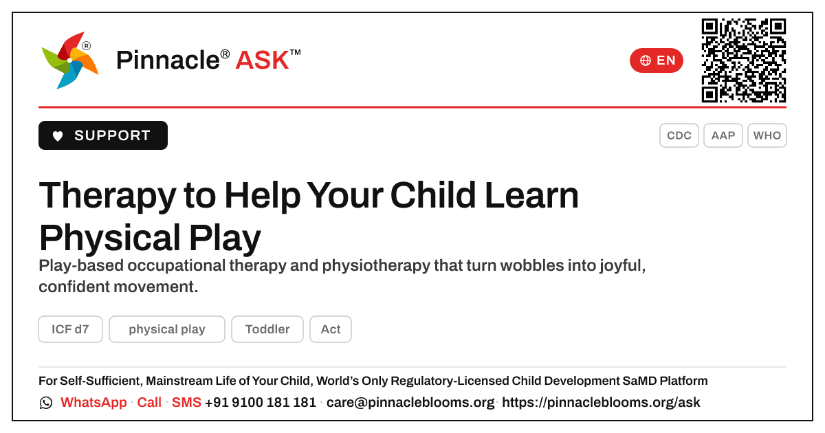What therapy helps a child learn physical play? — Pinnacle Ask answer card with a short explanation and QR link