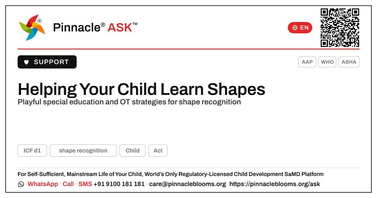 Therapy that helps a child learn shape recognition — Pinnacle Ask answer card with a short explanation and QR link