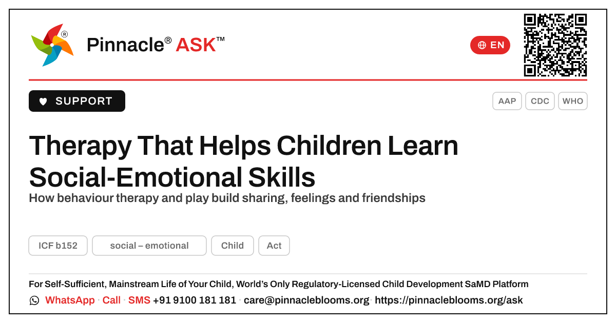 Therapy for a Child's Social-Emotional Skills — Pinnacle Ask answer card with a short explanation and QR link
