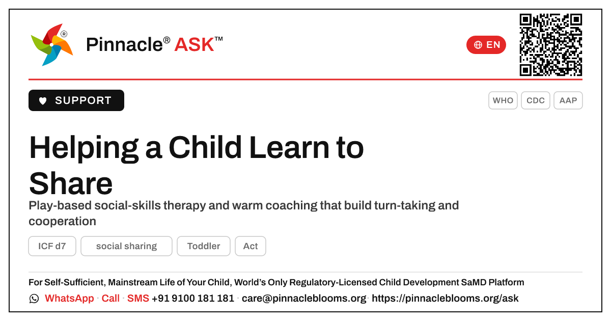 What therapy helps a child learn to share? — Pinnacle Ask answer card with a short explanation and QR link