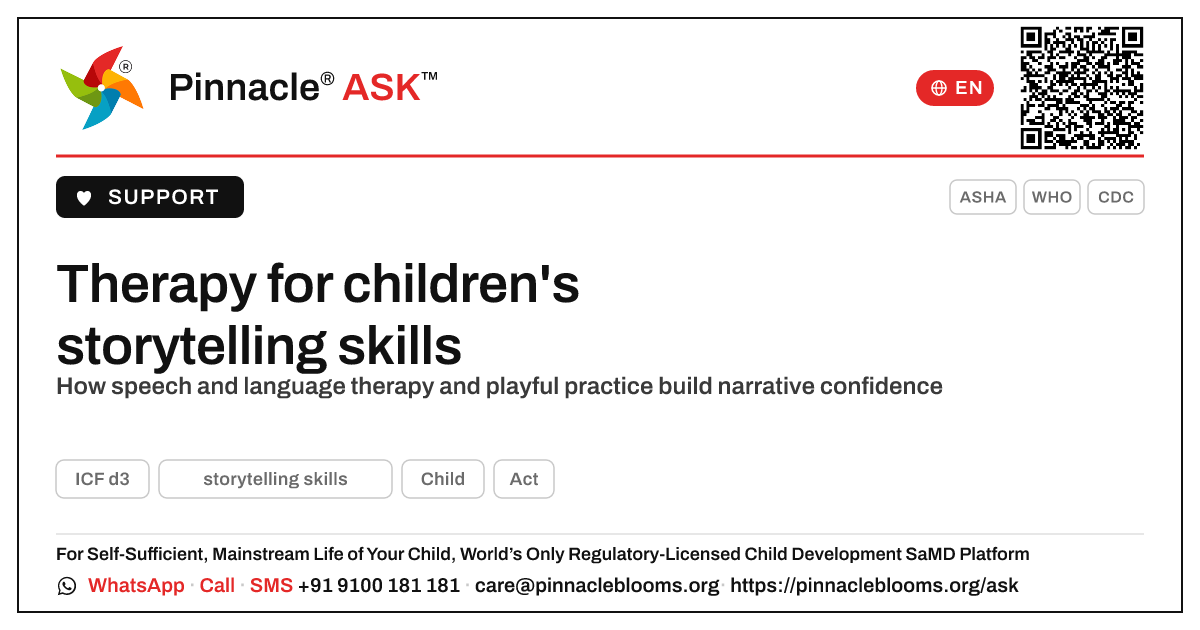 Therapy that helps a child learn storytelling skills — Pinnacle Ask answer card with a short explanation and QR link
