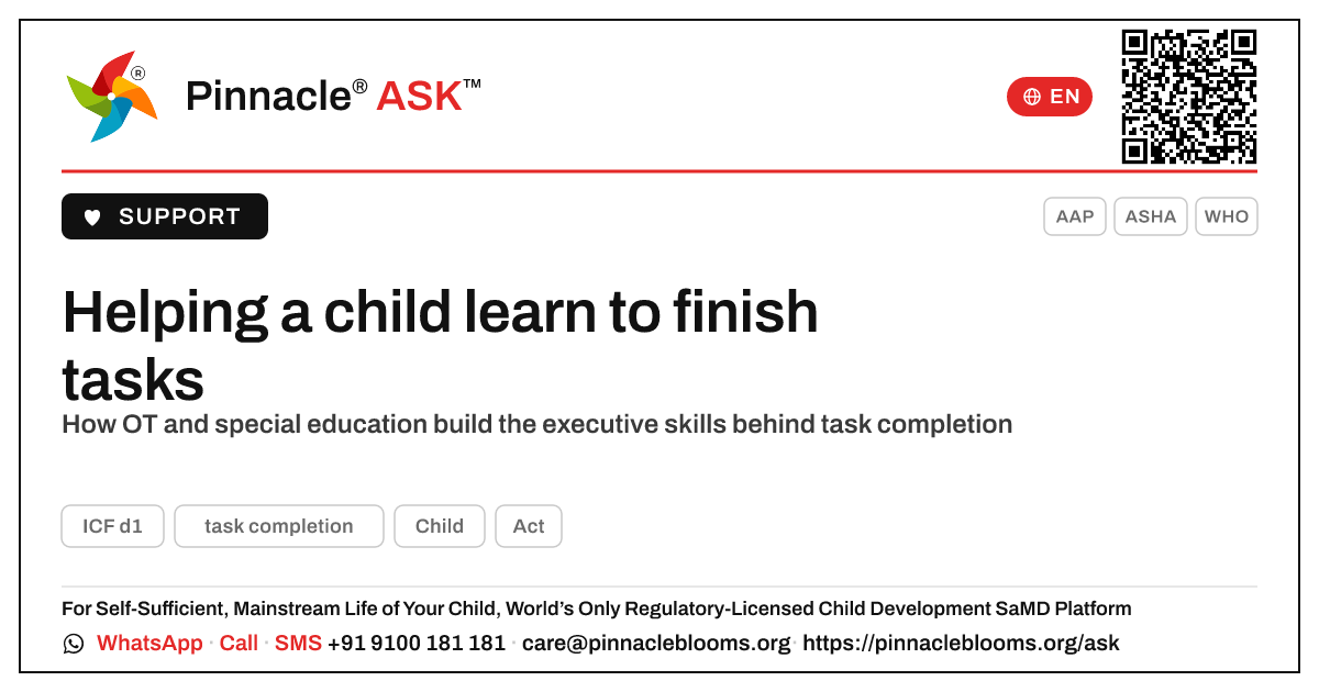 What therapy helps a child learn task completion? — Pinnacle Ask answer card with a short explanation and QR link