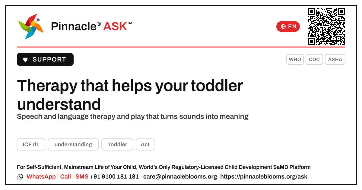 What therapy helps a child learn to understand? — Pinnacle Ask answer card with a short explanation and QR link