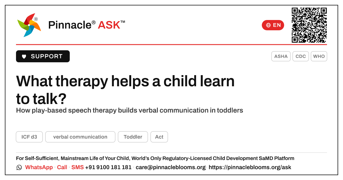 What therapy helps a child learn to talk? — Pinnacle Ask answer card with a short explanation and QR link