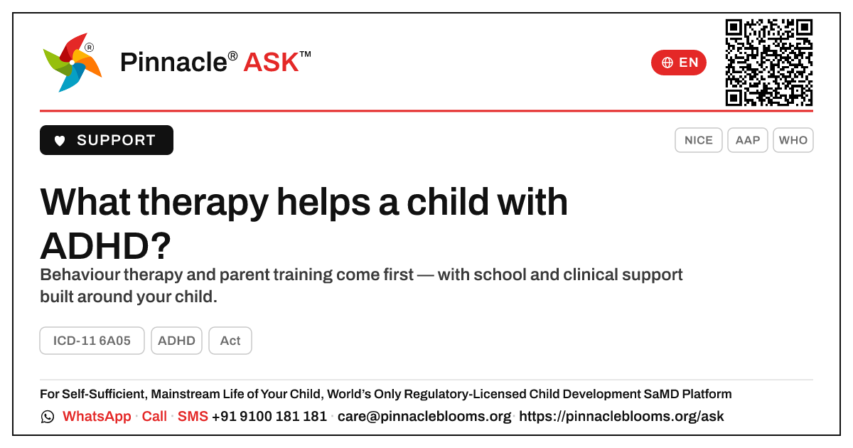 What therapy helps a child with ADHD? — Pinnacle Ask answer card with a short explanation and QR link
