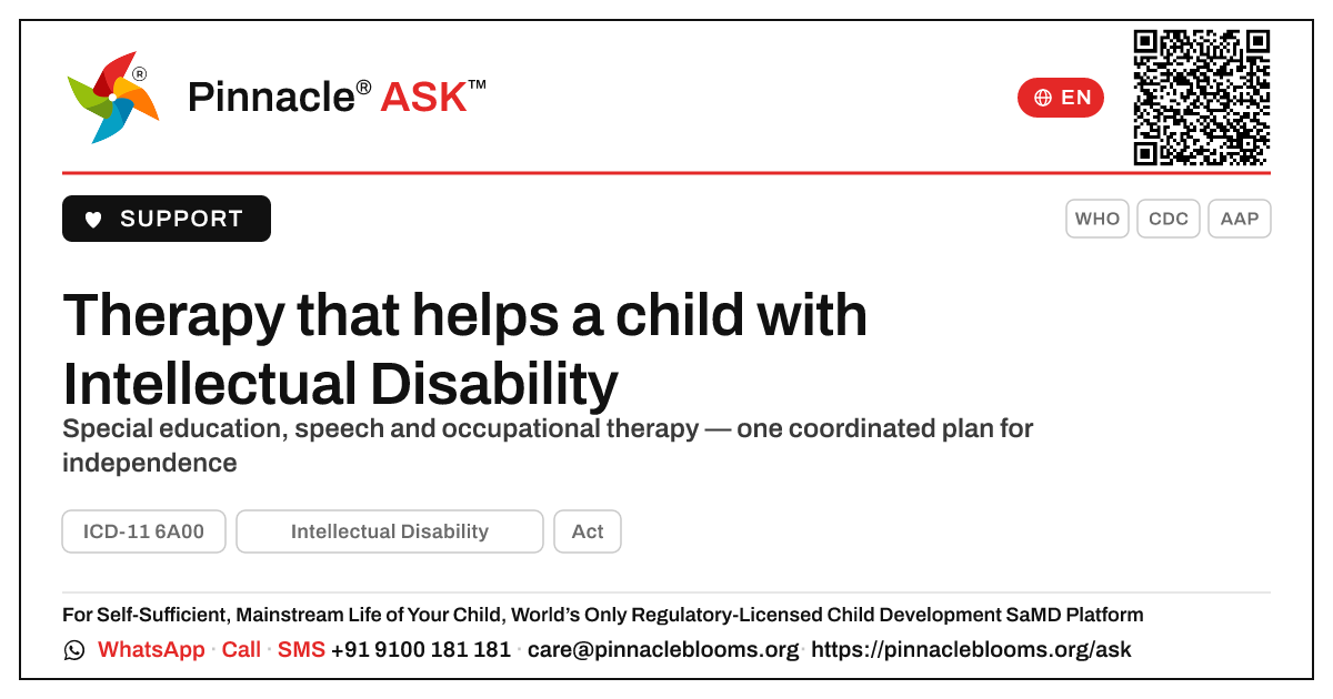 Therapy for a Child with Intellectual Disability — Pinnacle Ask answer card with a short explanation and QR link