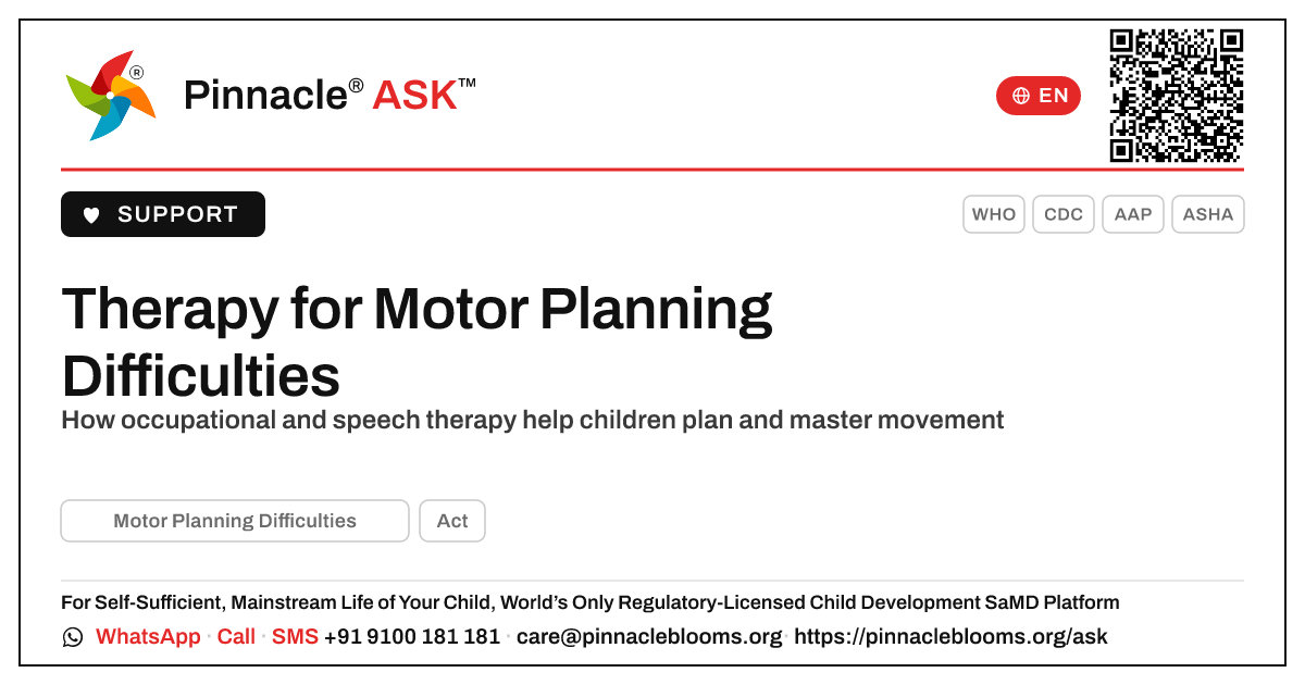 Therapy for Motor Planning Difficulties — Pinnacle Ask answer card with a short explanation and QR link