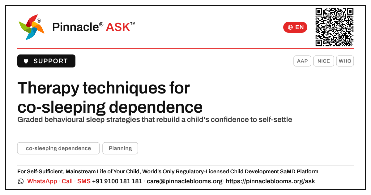 What therapy techniques help a child with co-sleeping dependence? — Pinnacle Ask answer card with a short explanation and QR link